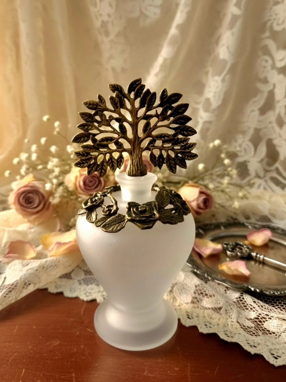 Vintage frosted glass perfume bottle by Glass Act Studio Tree Of Life Stopper